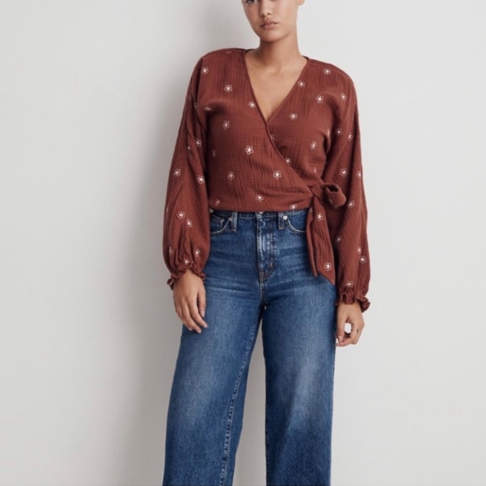 (A8) Madewell Lightspun Maira Wrap Top Embroidered Floral Long Sleeve, XXS, NWT
